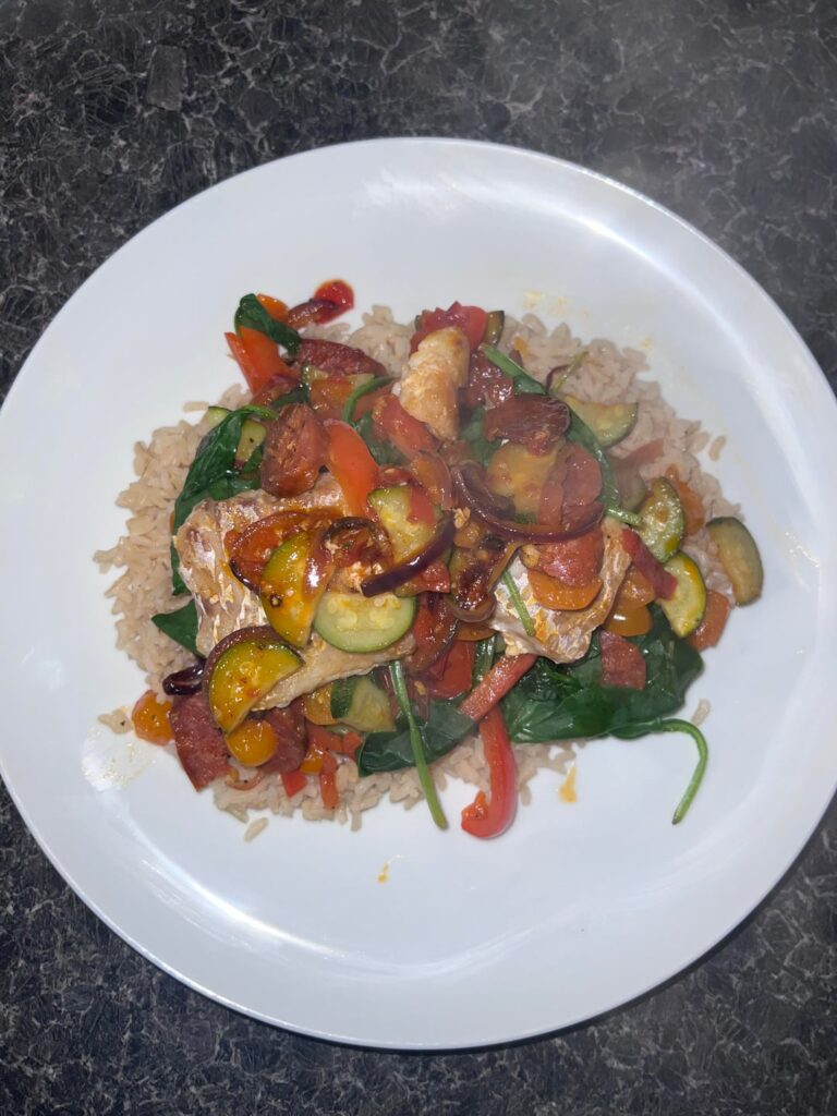 Cod & Chorizo with Quick Brown Rice & Mediterranean Veg