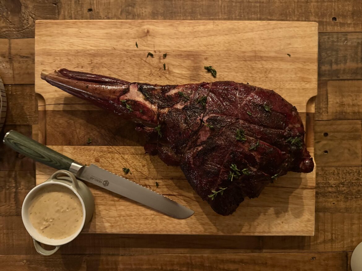 Pronghorn leg, smoked then seared on a charcoal grill