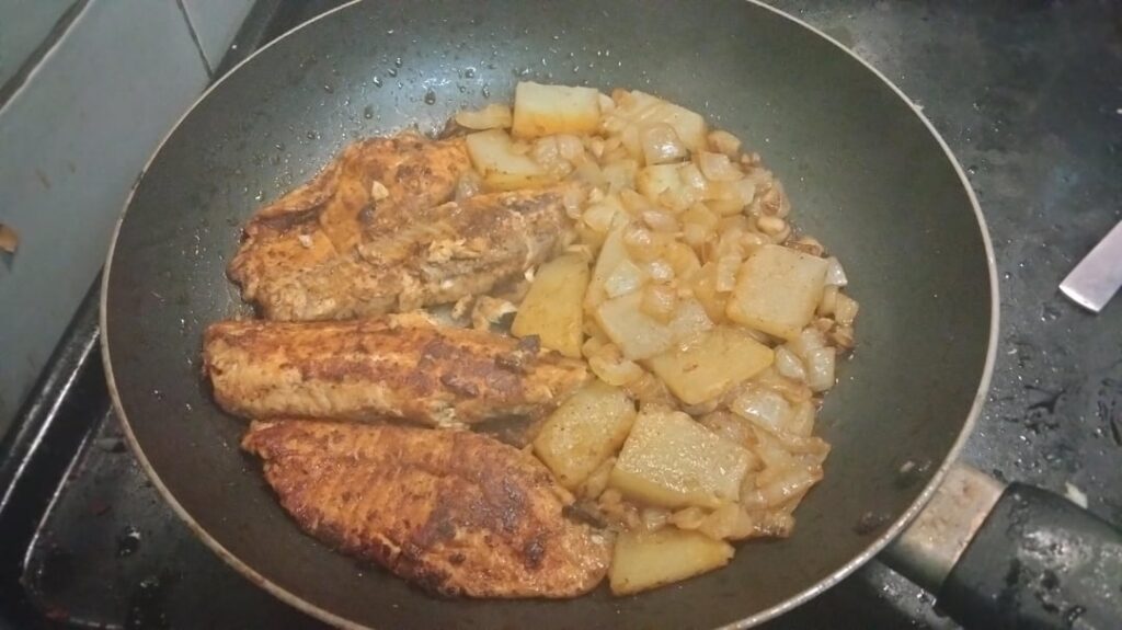 I made some fish and potatoes and onions and rice.