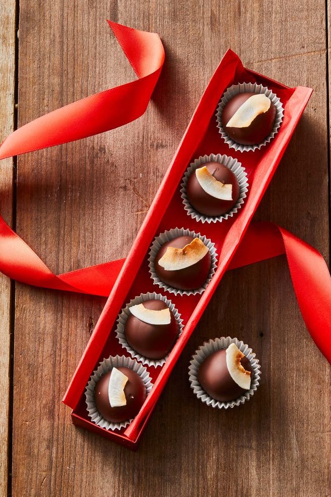 vegan chocolate truffles in a red box