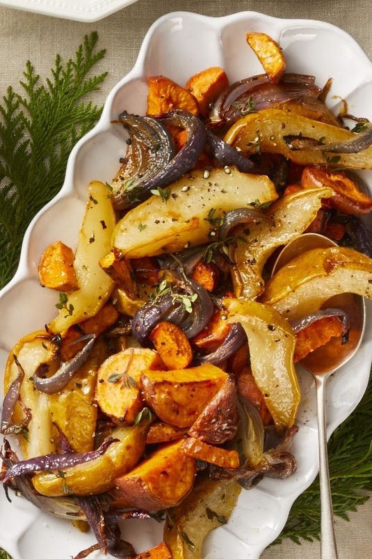 Vegan Christmas Dinner - Roasted Sweet Potato, Pear, and Onion