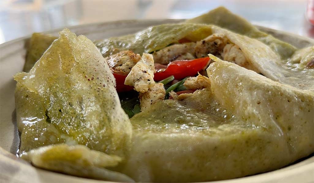 The Venice Crepe is made with buckwheat flour and is made with chicken, spinach, sliced tomatoes, shredded mozzarella cheese and Pesto. | Rett Nelson, EastIdahoNews.com