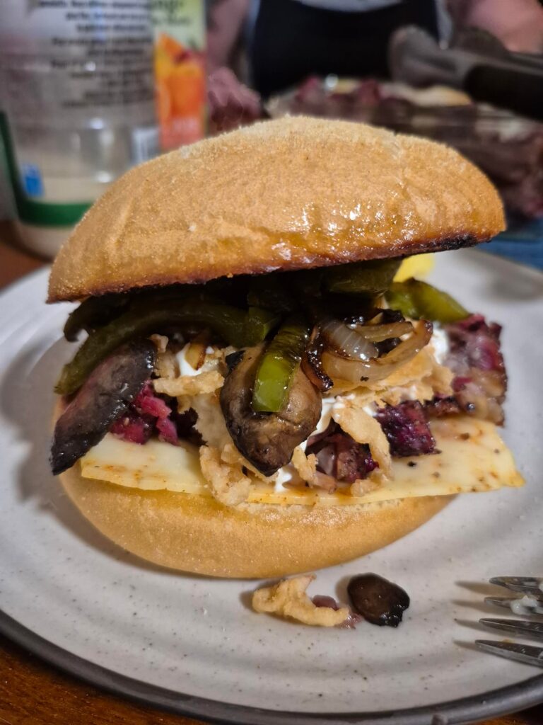 Smoked chuck roast sandwich