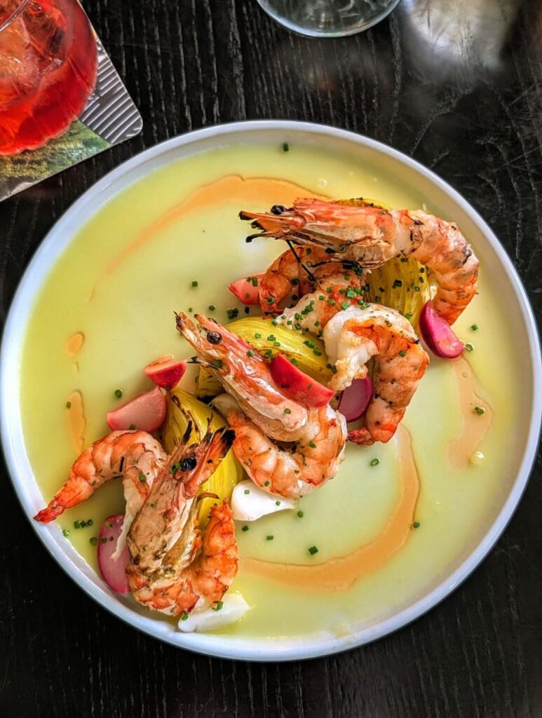 Grilled Prawns, Fennel, Pickled Radish