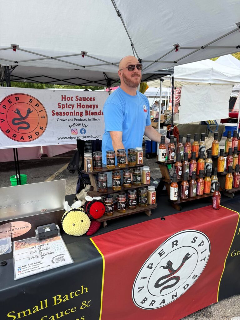 Evanston IL farmers market. He grows all of his peppers and bottles all by hand.