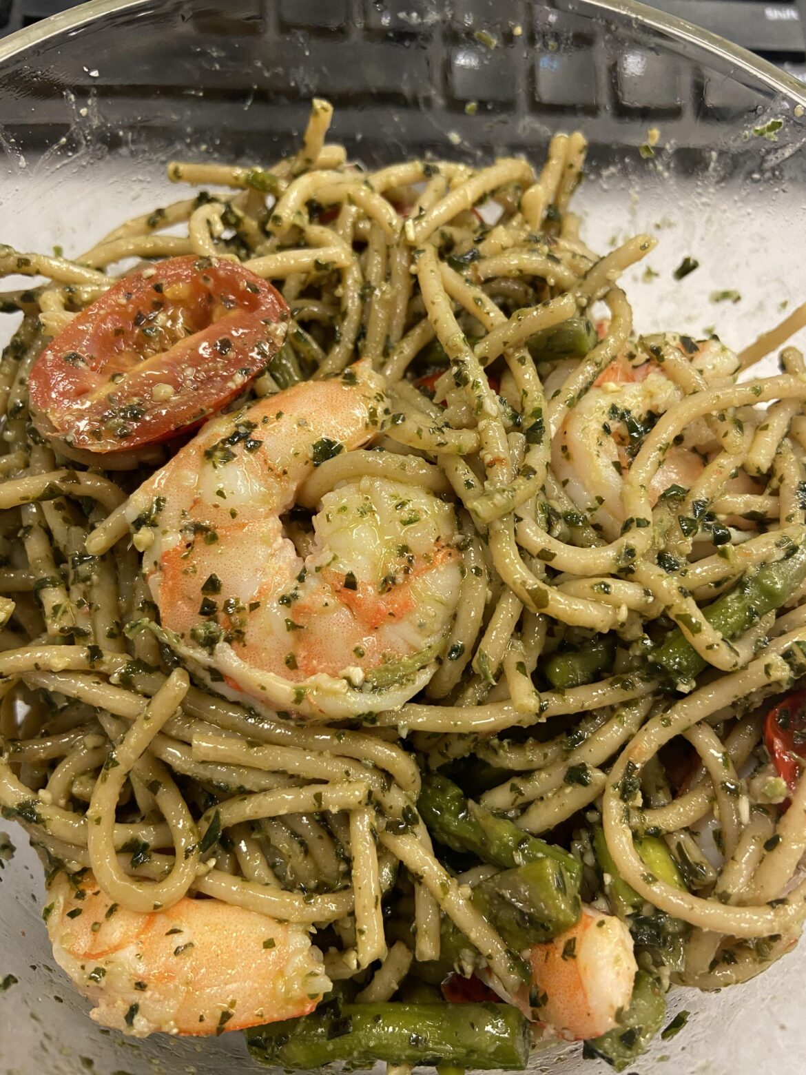 Lunch today - Whole wheat pasta with dairy free pesto, asparagus, grape tomatoes, and shrimp