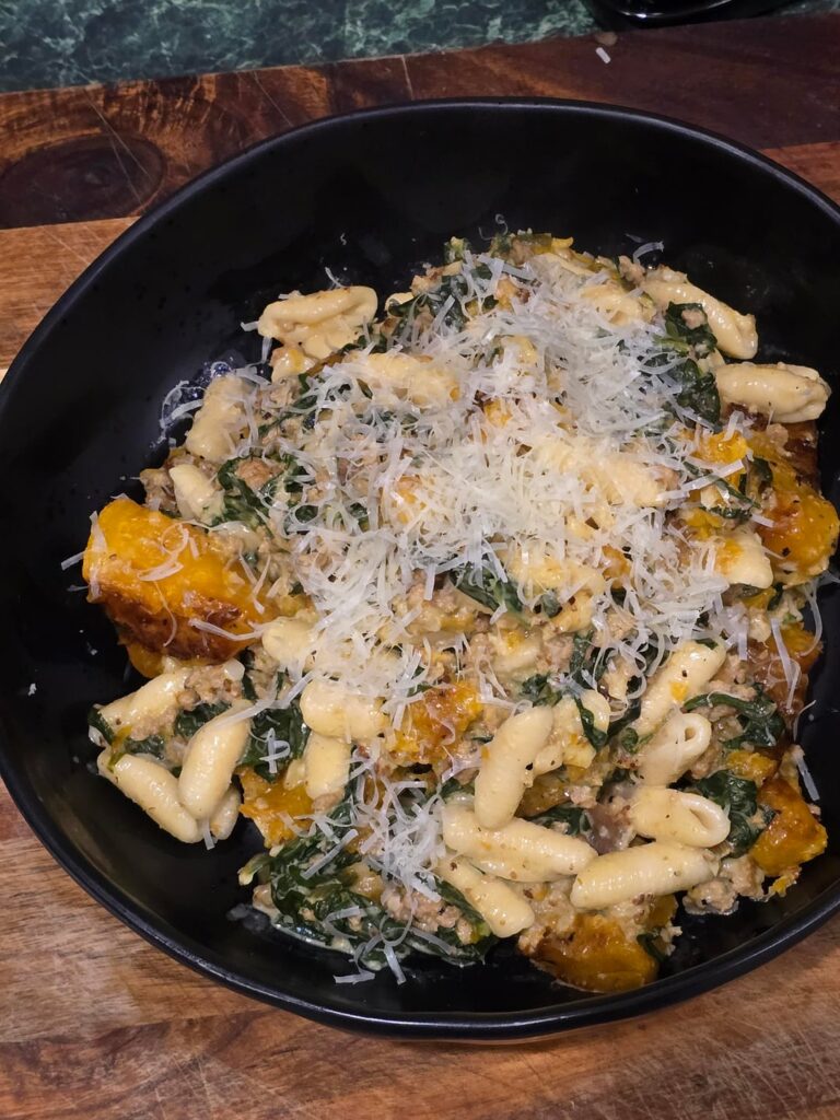 Italian sausage, roasted pumpkin and greens