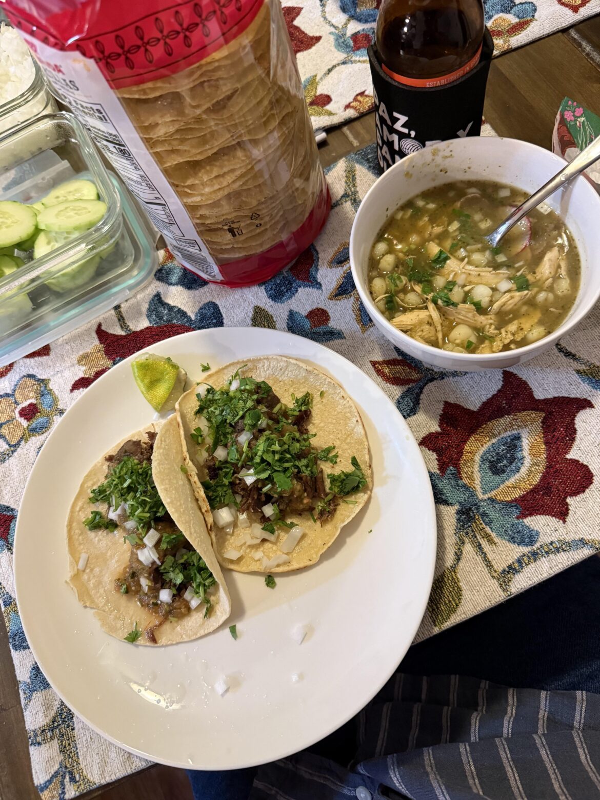 Homemade pozole verde and tacos de lengua
