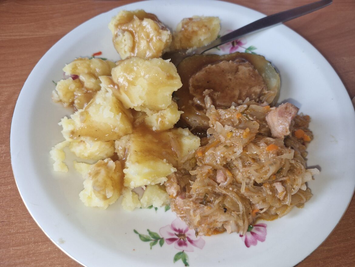 Zucchini with minced meat and gravy, potatoes, bigos (hunter's stew)