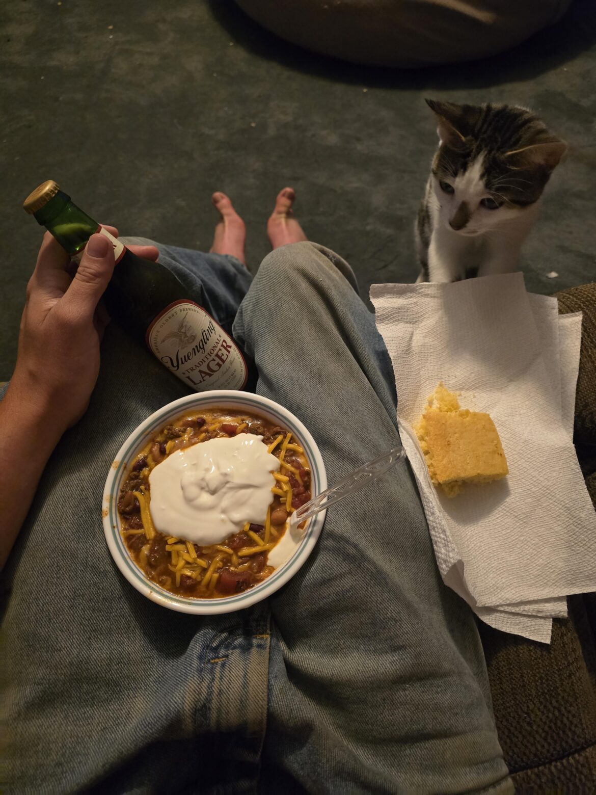 Brisket mfkn chilli with corn bread and my Yuengling!