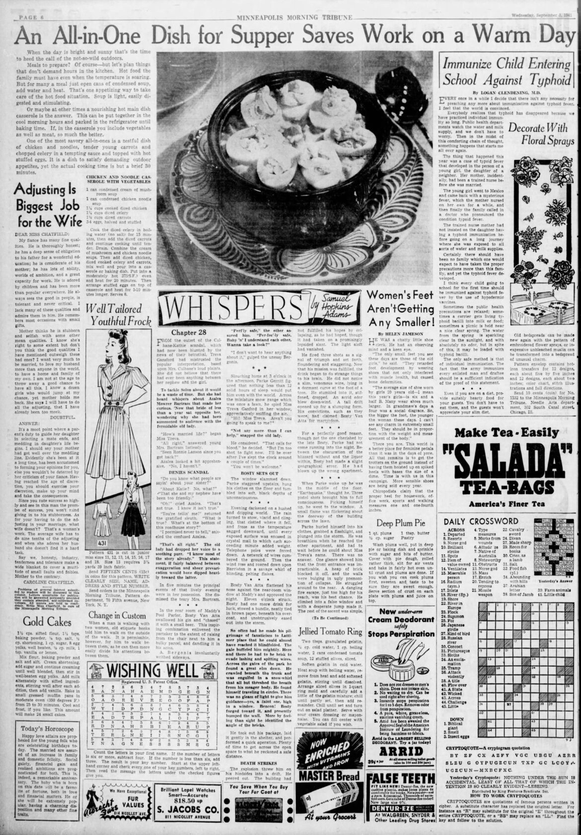September 3, 1941: Chicken and Noodle Casserole w/ Vegetables, Gold Cakes, Jellied Tomato Ring & Deep Plum Pie