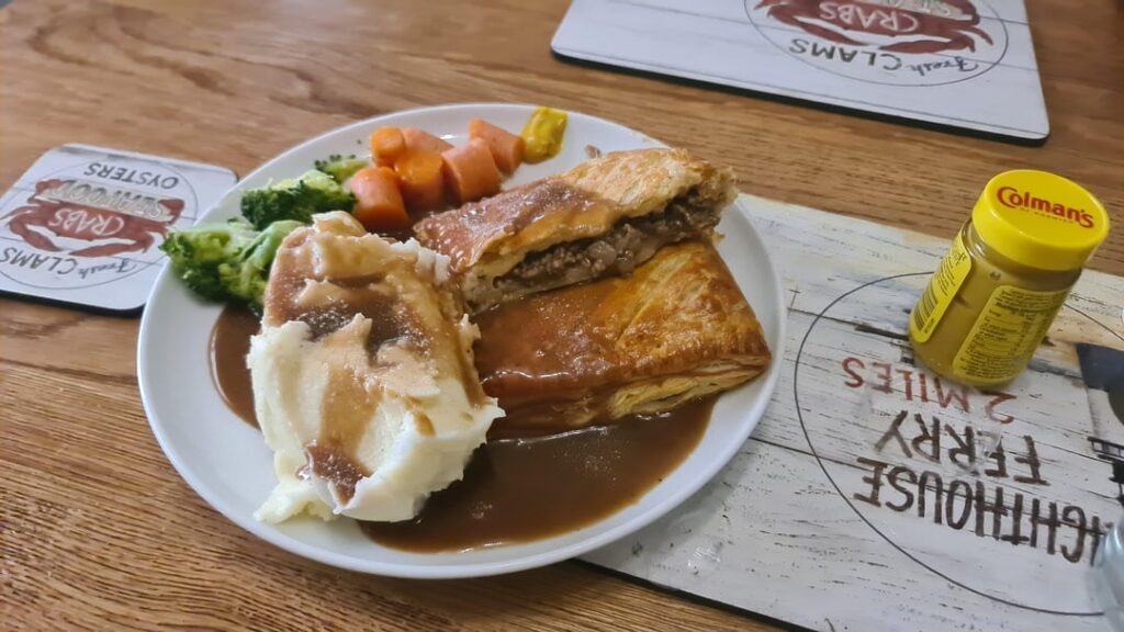Beef and onion pie with mash and veg.