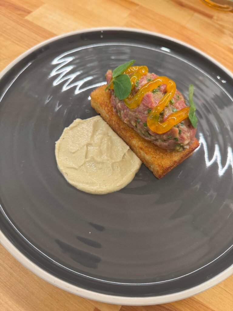 [Home Cook] Steak tartar with a black truffle smoked eggplant baba ghanoush, cured egg yolk gel, on grilled milk bread