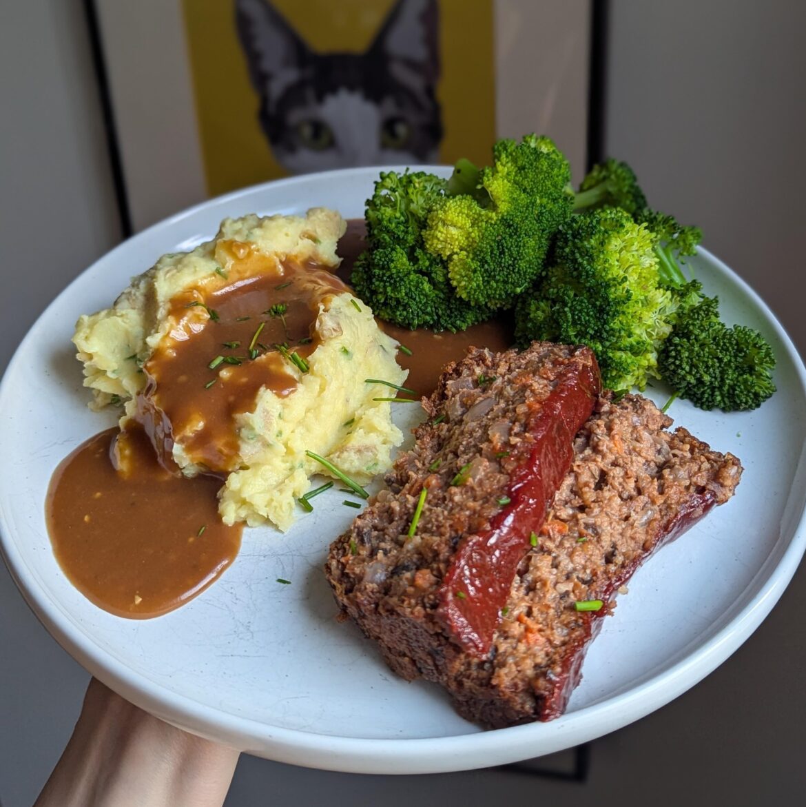 [homemade] meatloaf + mashed potatoes and gravy with steamed broccoli. 257/365