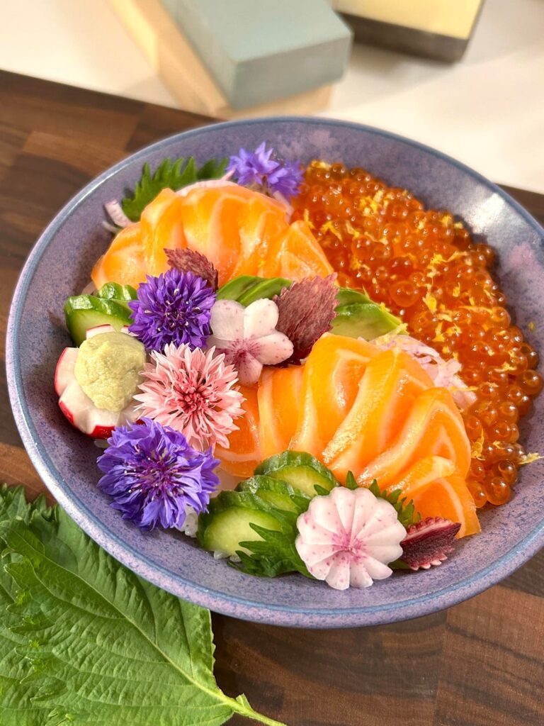Salmon Ikura bowl- do you like flower garnish or cut garnishes more? Salmon Ikura bowl- do you like flower garnish or cut garnishes more?