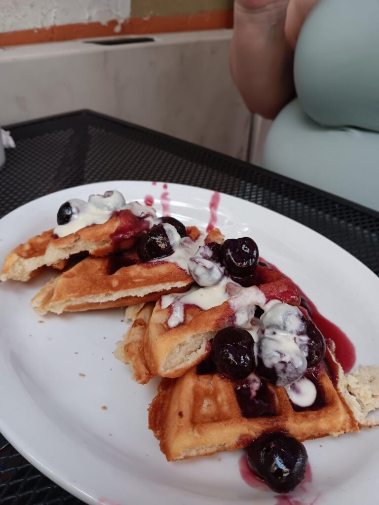 Goat cheese and cherry, and peach cobbler waffles!