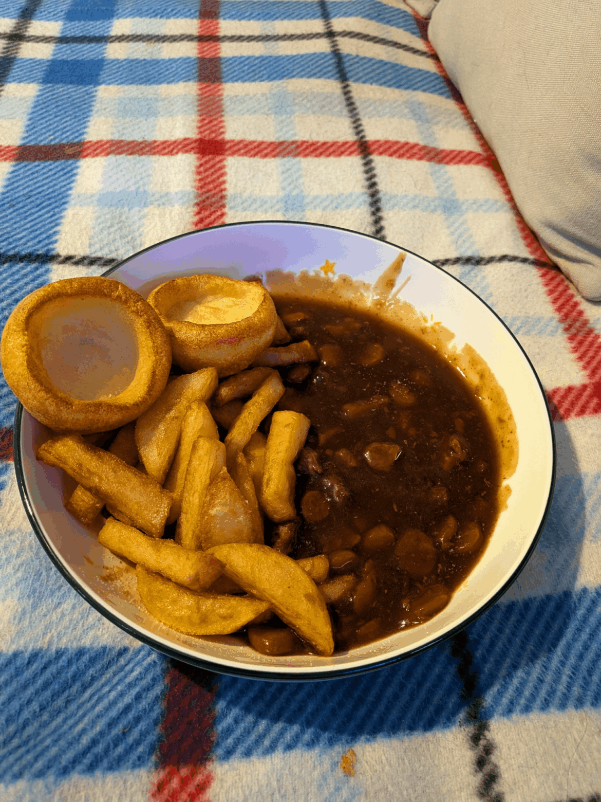 Homemade beef casserole with handmade chips and a couple of yorkies for Sunday dinner