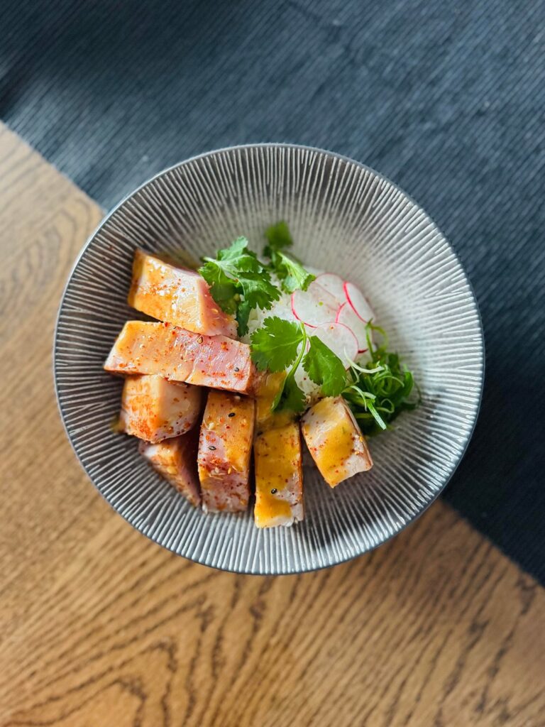 grilled tuna, soy butter & togarashi over rice