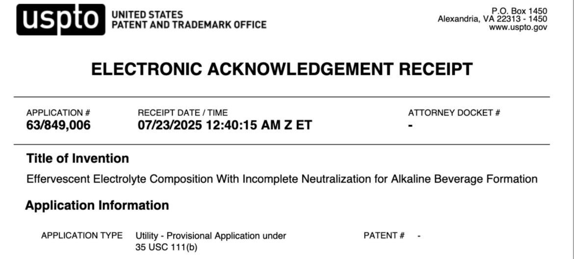 Alklyte - Claims Patent Pending on “Effervescent, Electrolyte Composition With Incomplete Neutralization for Alkaline Beverage Formation”