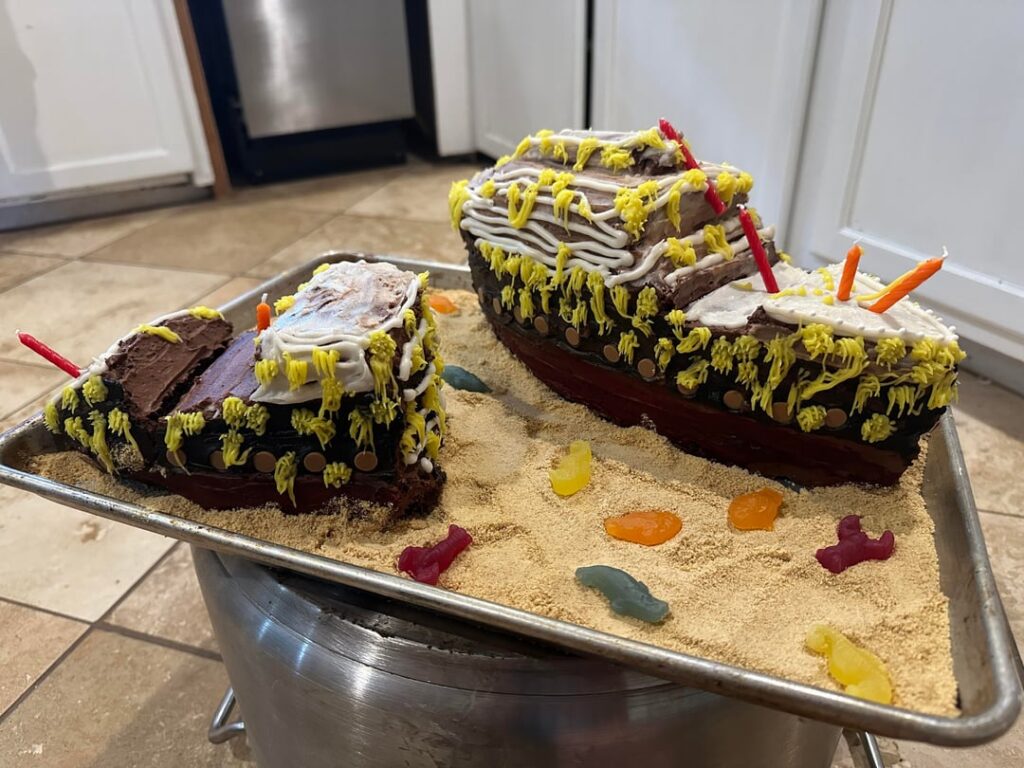 My kid wanted the sunken Titanic for his 6th birthday cake