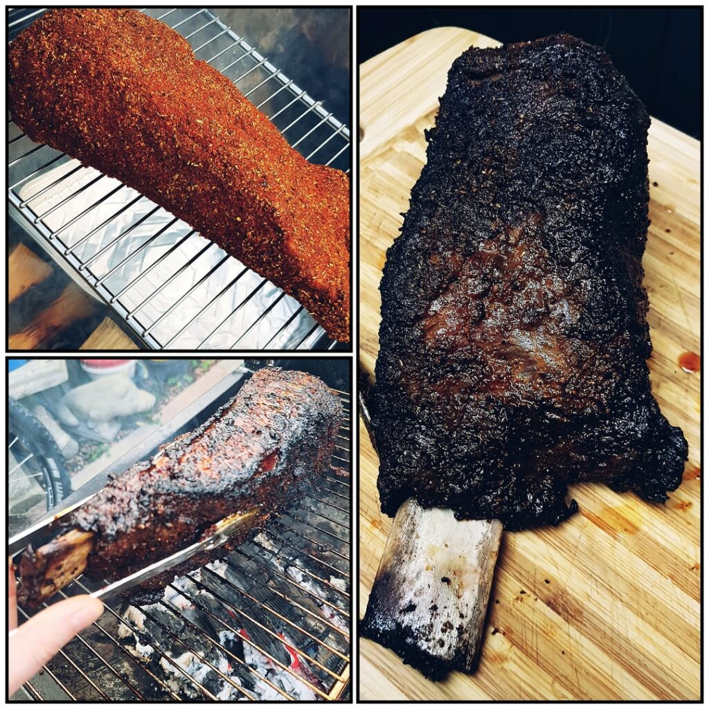 First Smoking Attempt with Makeshift Smoker and I'm Pretty Pleased with Myself. Beer Smoked Beef Rib, Mac and Cheese, Slaw and Corn, Plus Chimichurri Sauce.