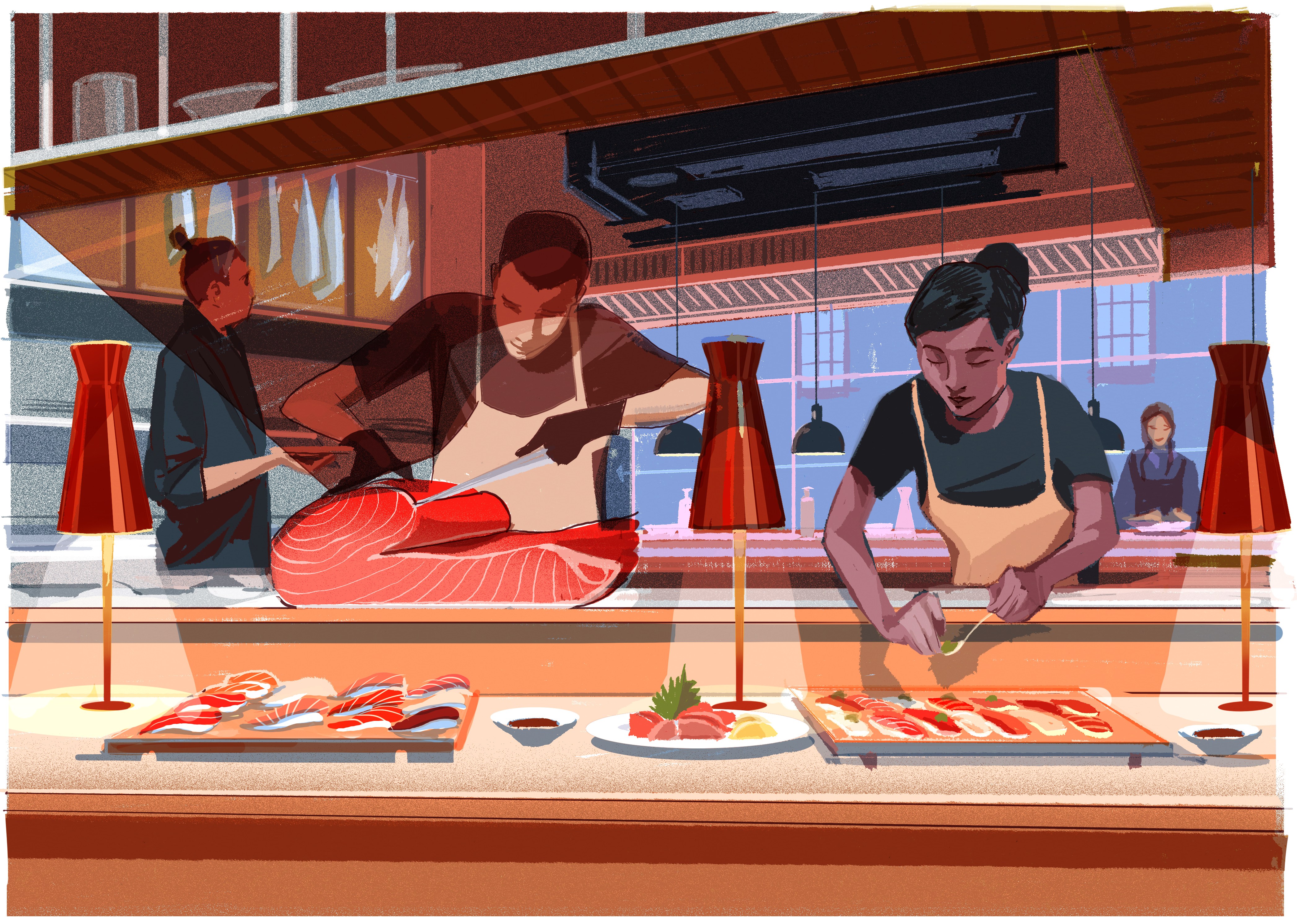 Illustration of sushi chefs preparing fish and sushi behind a counter.