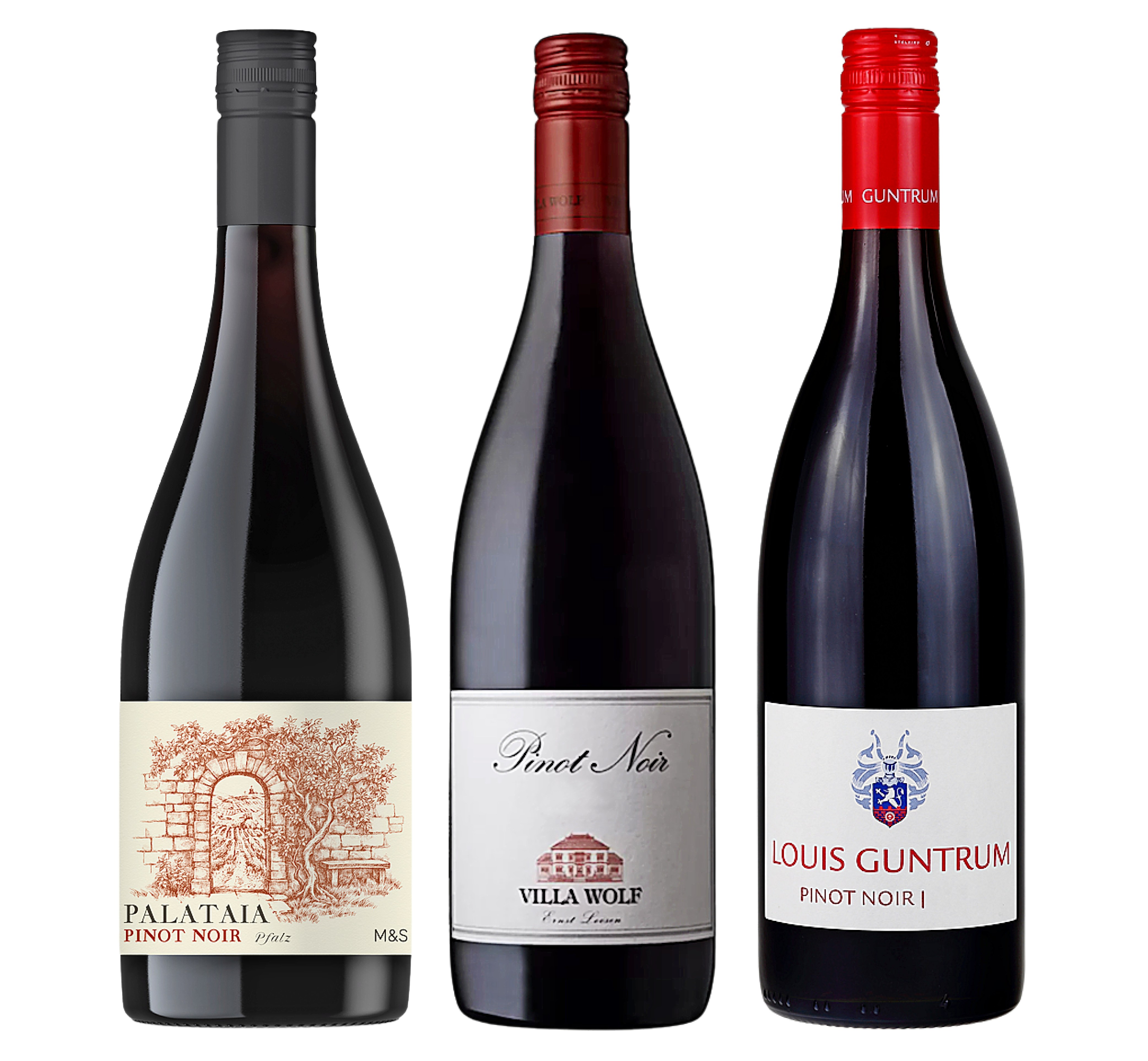 Three bottles of Pinot Noir red wine: Palataia, Villa Wolf, and Louis Guntrum.