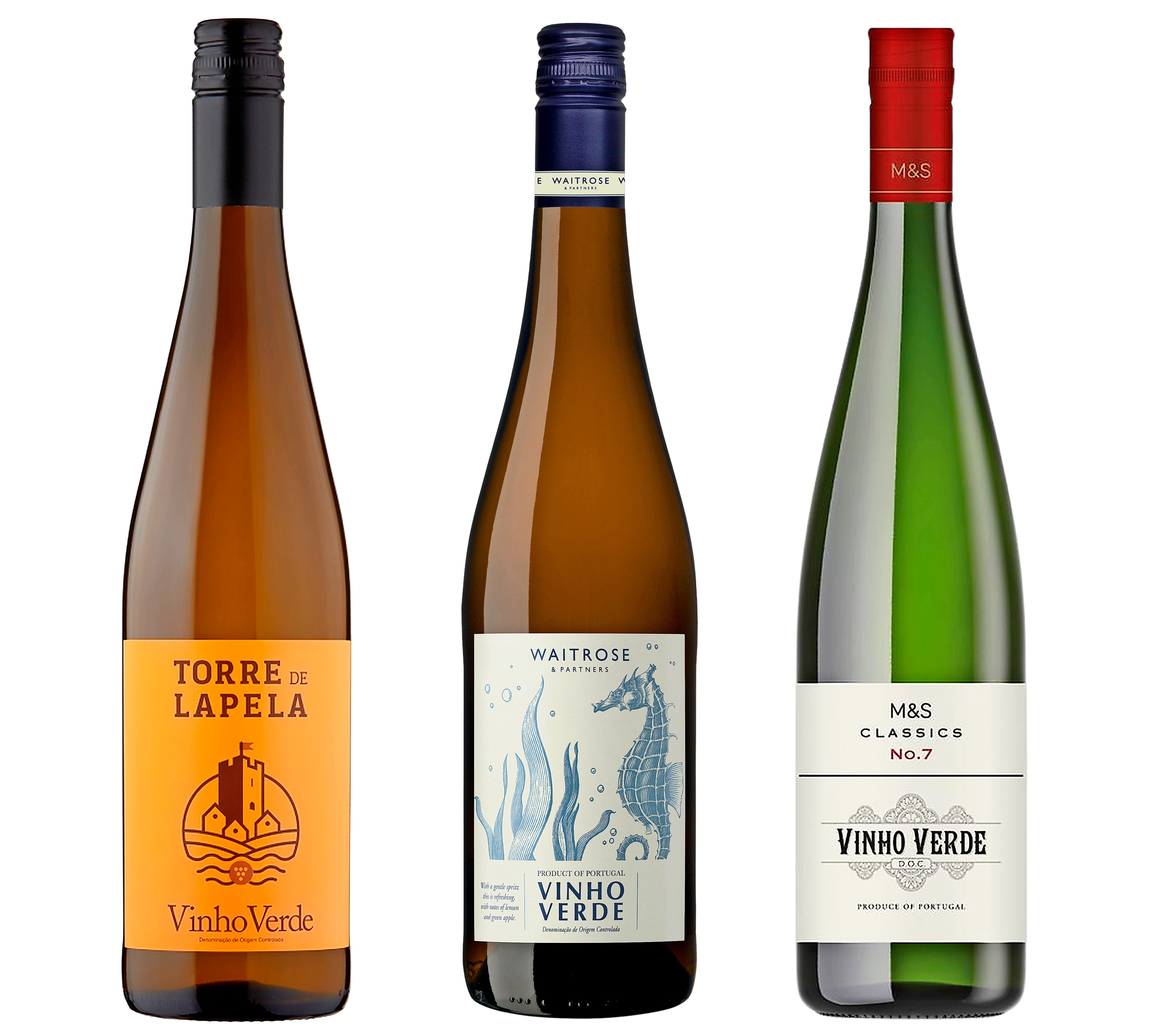 Three bottles of Vinho Verde wine.