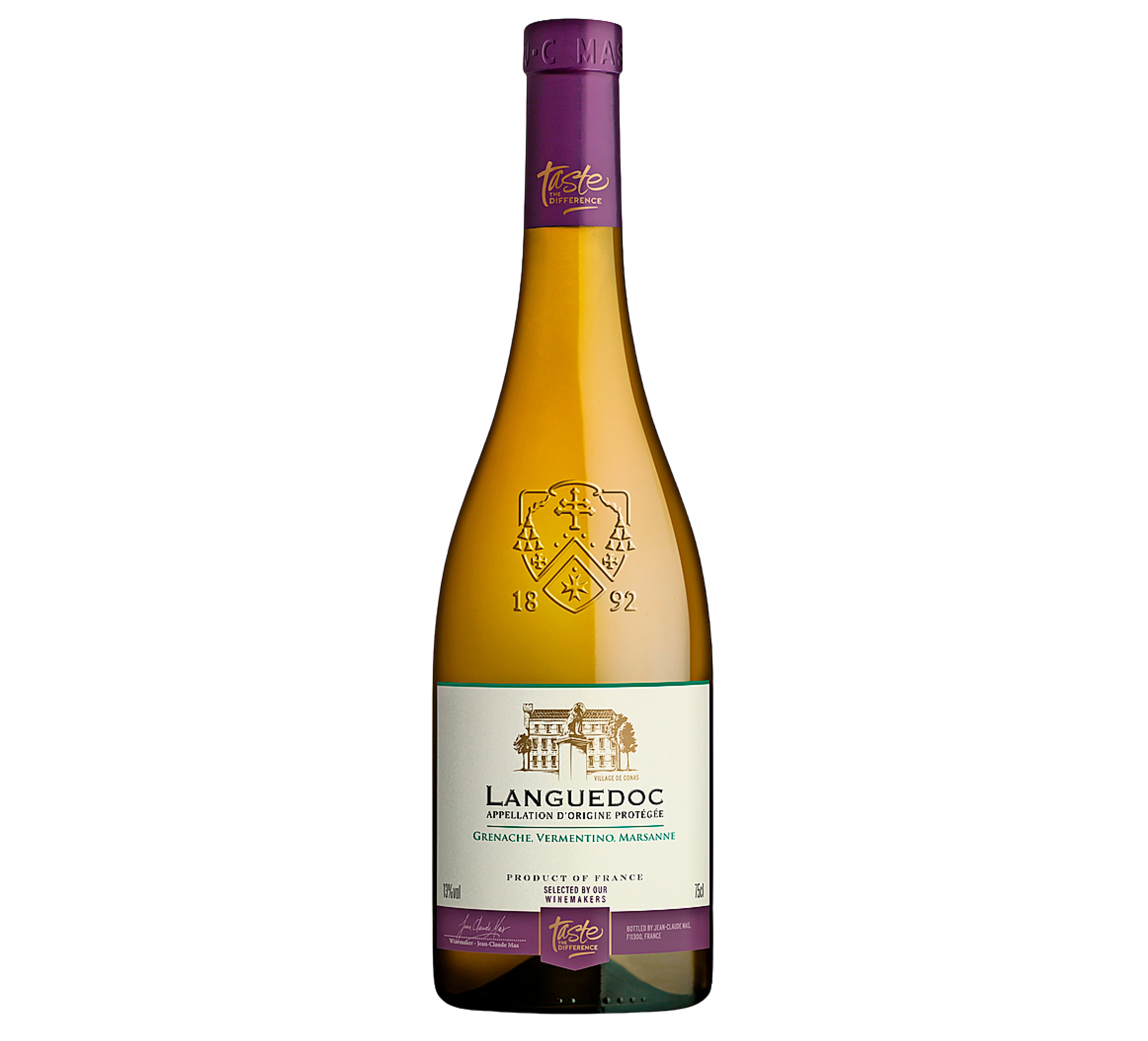 A bottle of Languedoc white wine with a purple top.