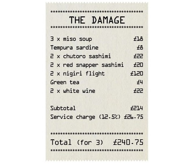 A receipt for a meal at "THE DAMAGE" totaling £240.75, including miso soup, tempura sardine, chutoro sashimi, red snapper sashimi, nigiri flight, green tea, and white wine.