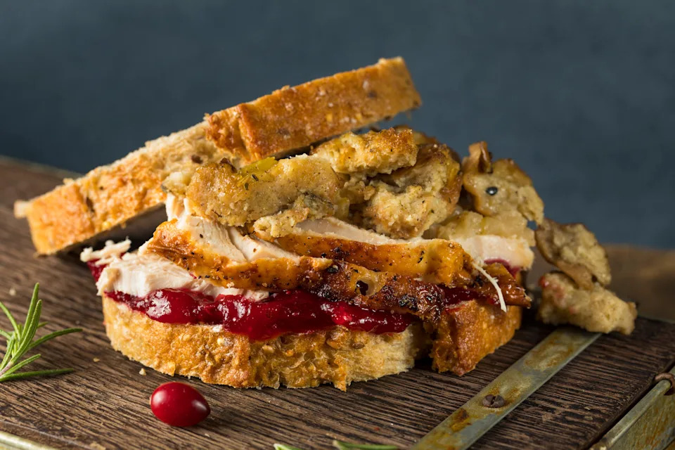 Homemade Thanksgiving Leftover Turkey Sandwich with Stuffing and Cranberry