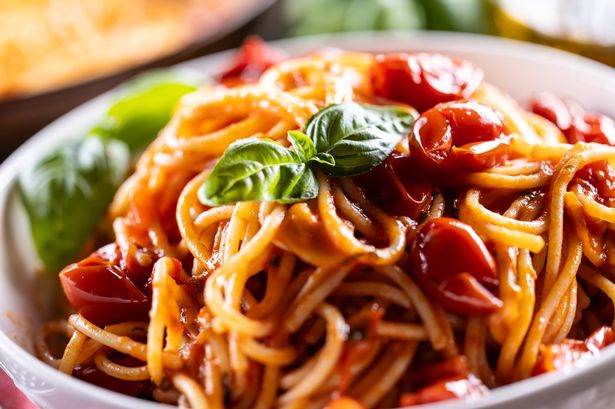 Italian spaghetti pasta with tomato sauce, parmesan and basil - Close up