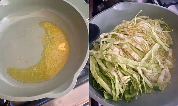 melted butter and oil in pan, cabbage in pan