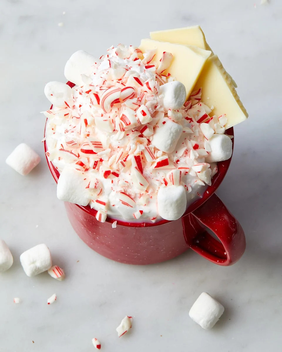 white hot chocolate in red mugs topped with whipped cream, crushed peppermint candies, white chocolate pieces, and mini marshmallows