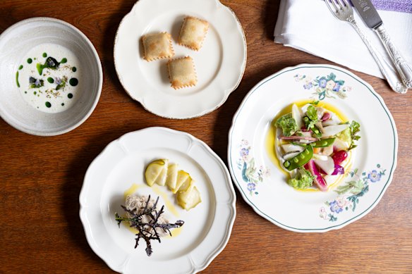 Snacks might include, clockwise from right, vegetables with bagna cauda, rabbit rillettes, ajo blanco with cured sardines, Barbajuan d’hiver (cheese and greens filled pastry).