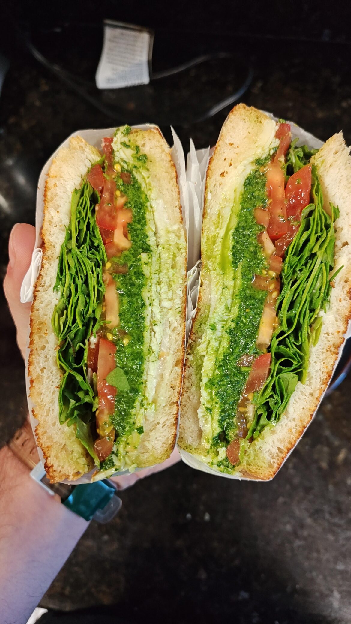 Sliced turkey, chimichurri, arugula, tomato, and Cabot cheddar grilled on homemade buttermilk whitebread