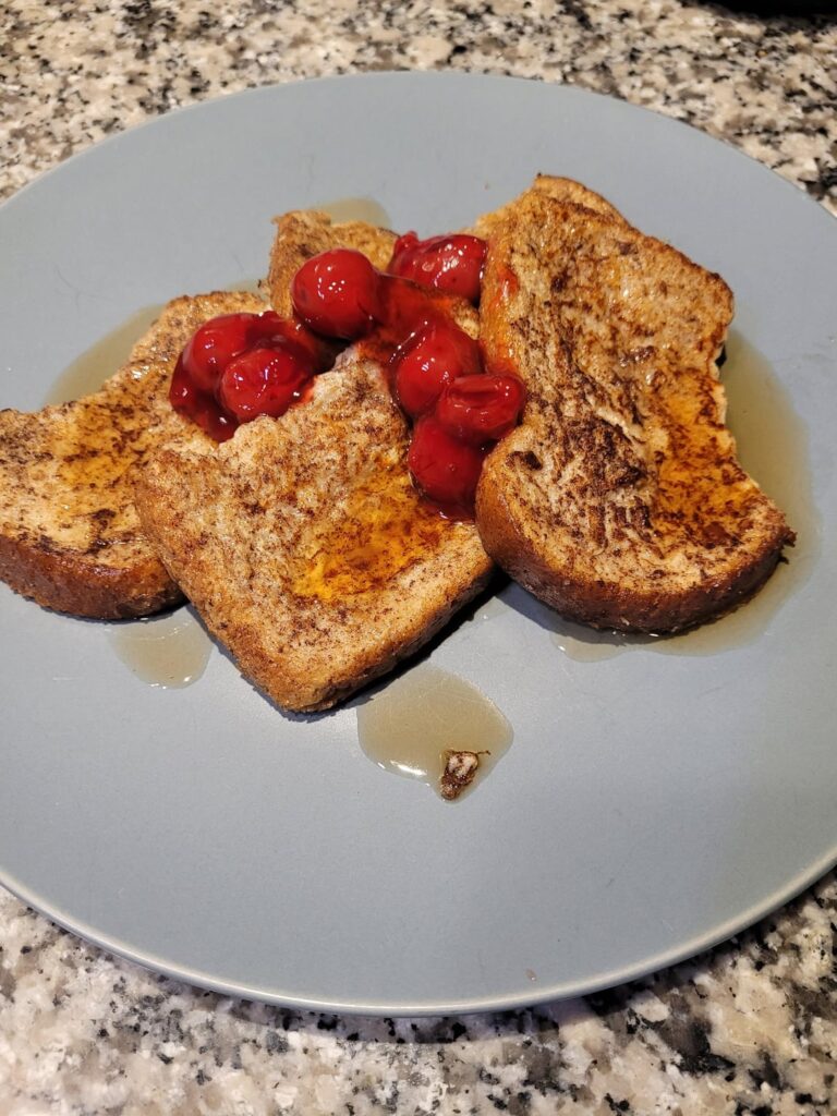 Craving a sweet breakfast. French toast with sugar free pie filling and maple syrup on top 305 calories