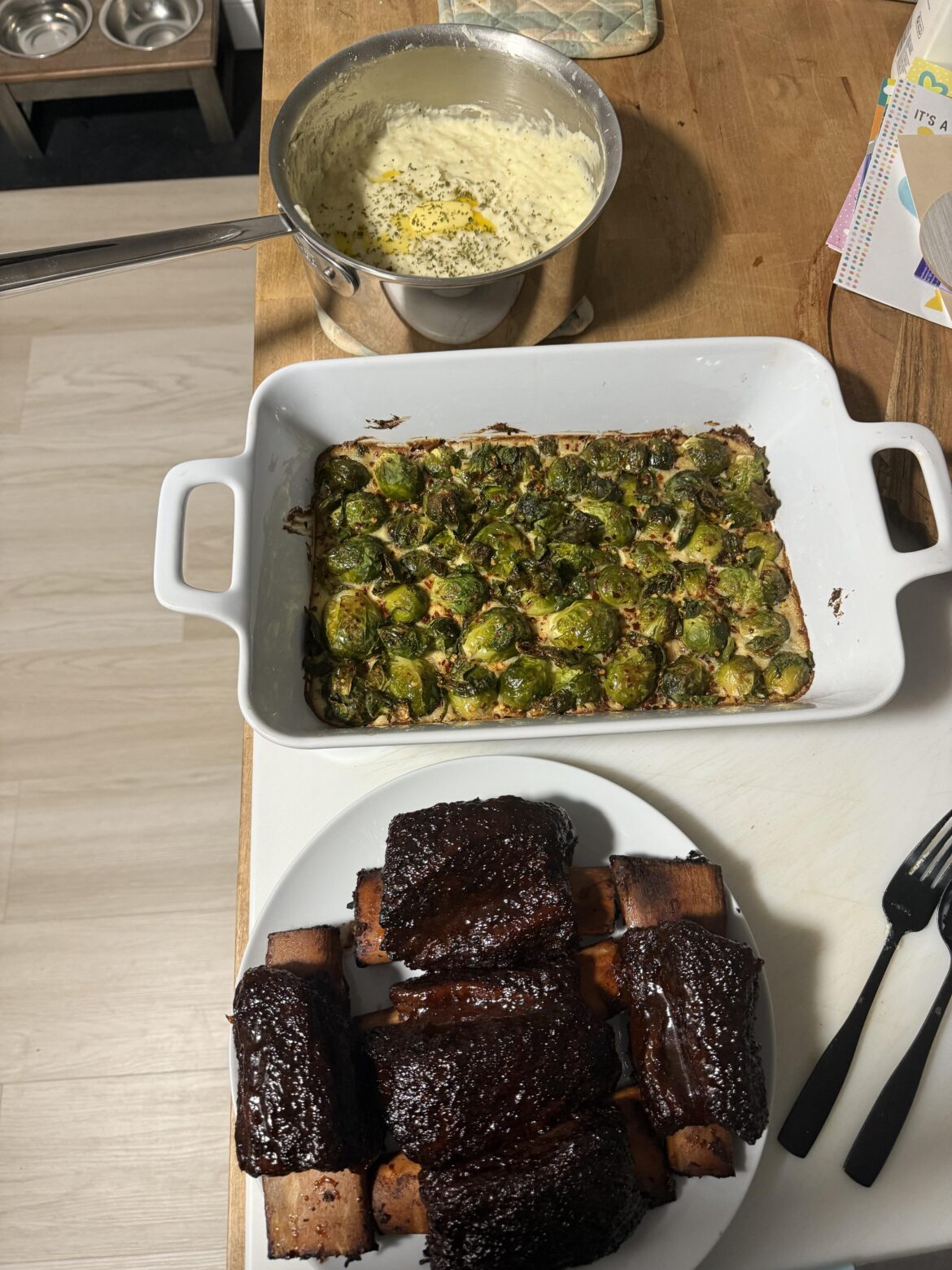 Plate ribs with brussel sprouts and mashed taters