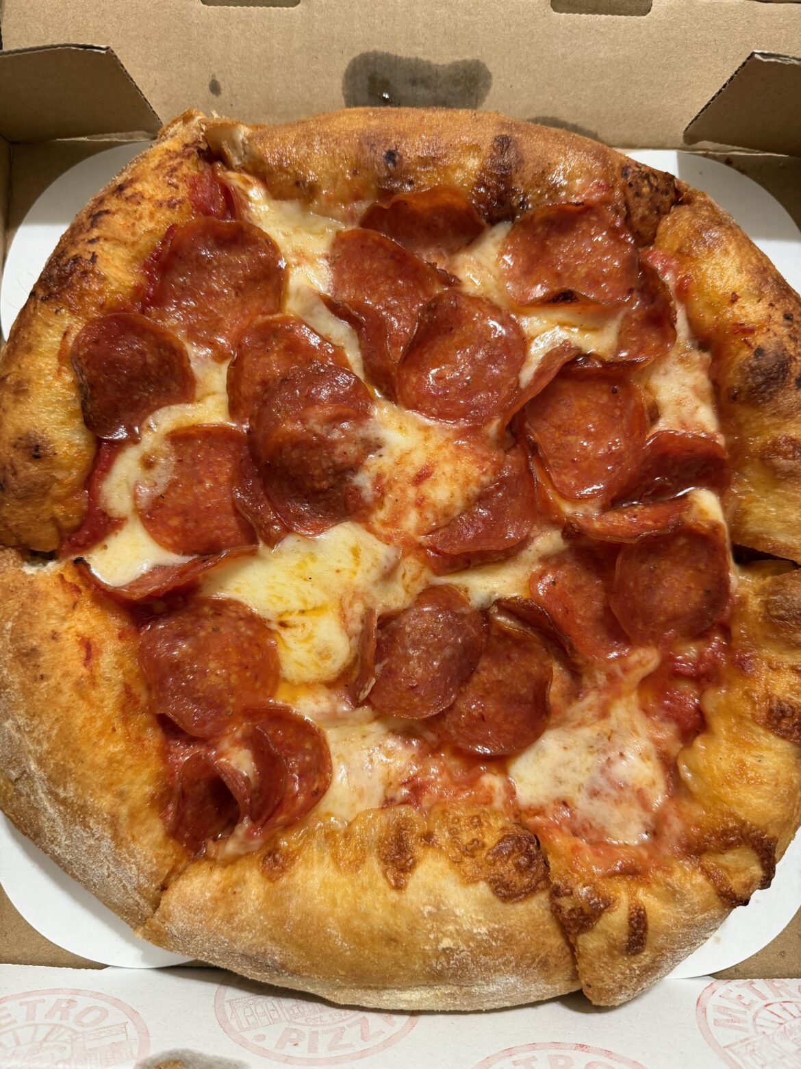 Small (but fat) pepperoni pizza from Metro Pizza in Las Vegas.  It was so good, I didn’t even care how greasy it was.