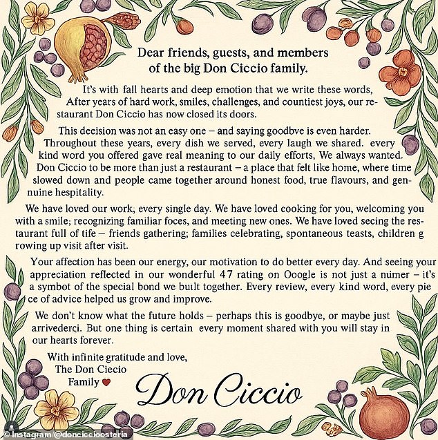 The restaurant notably shared a much milder statement to Instagram, speaking of the 'deep emotion' that came with the decision to close