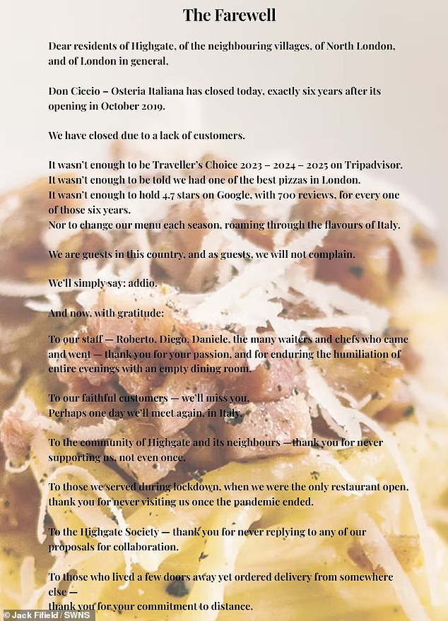 The astonishing farewell statement posted online blamed the local community instead of the restaurant's staff, service or food