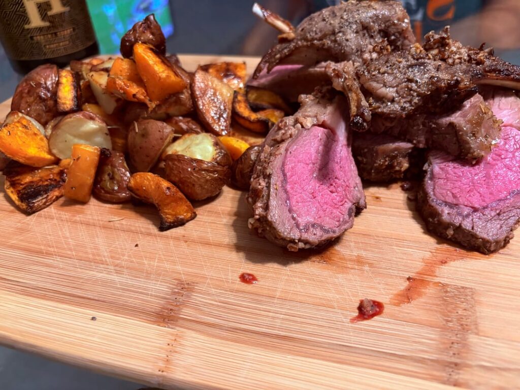 Oven roasted, pecan crusted rack of lamb