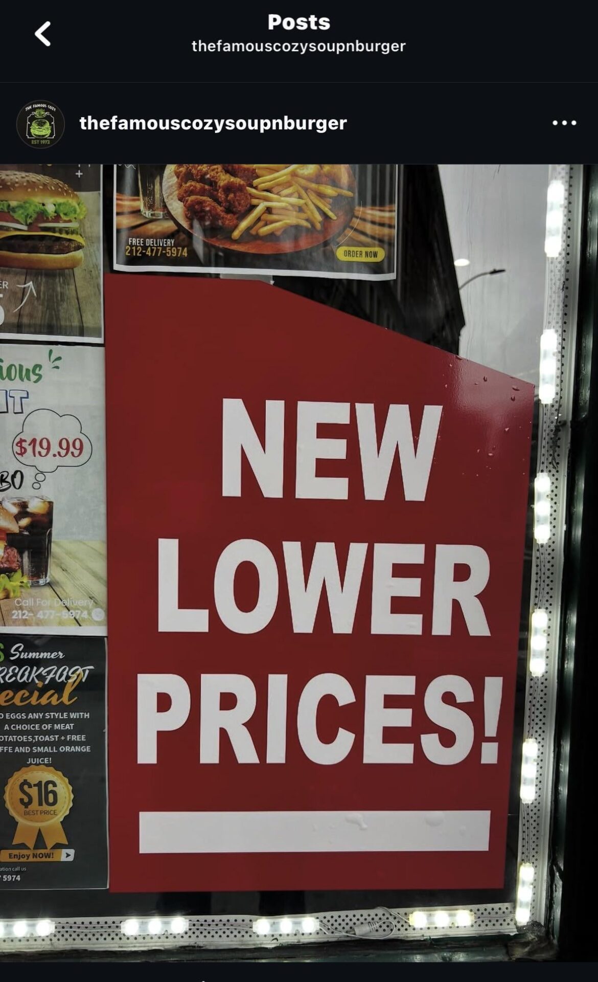 The famous cozy soup n burger has discounted prices now