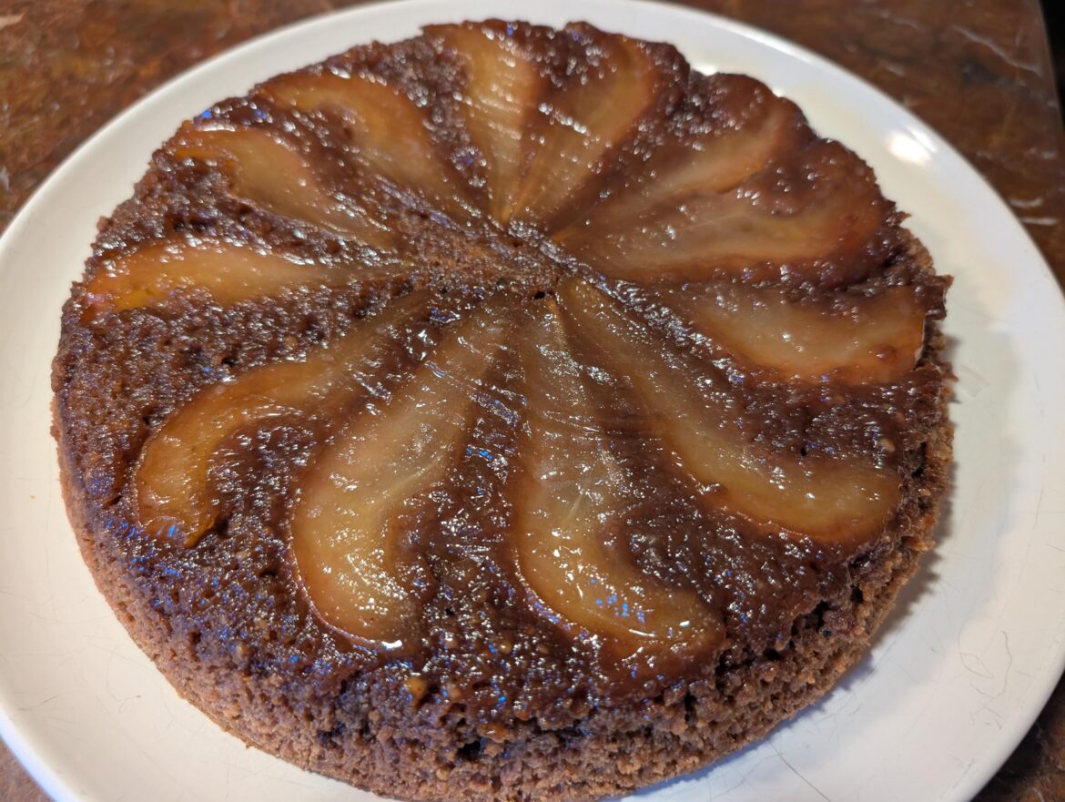 Pear walnut upside-down cake