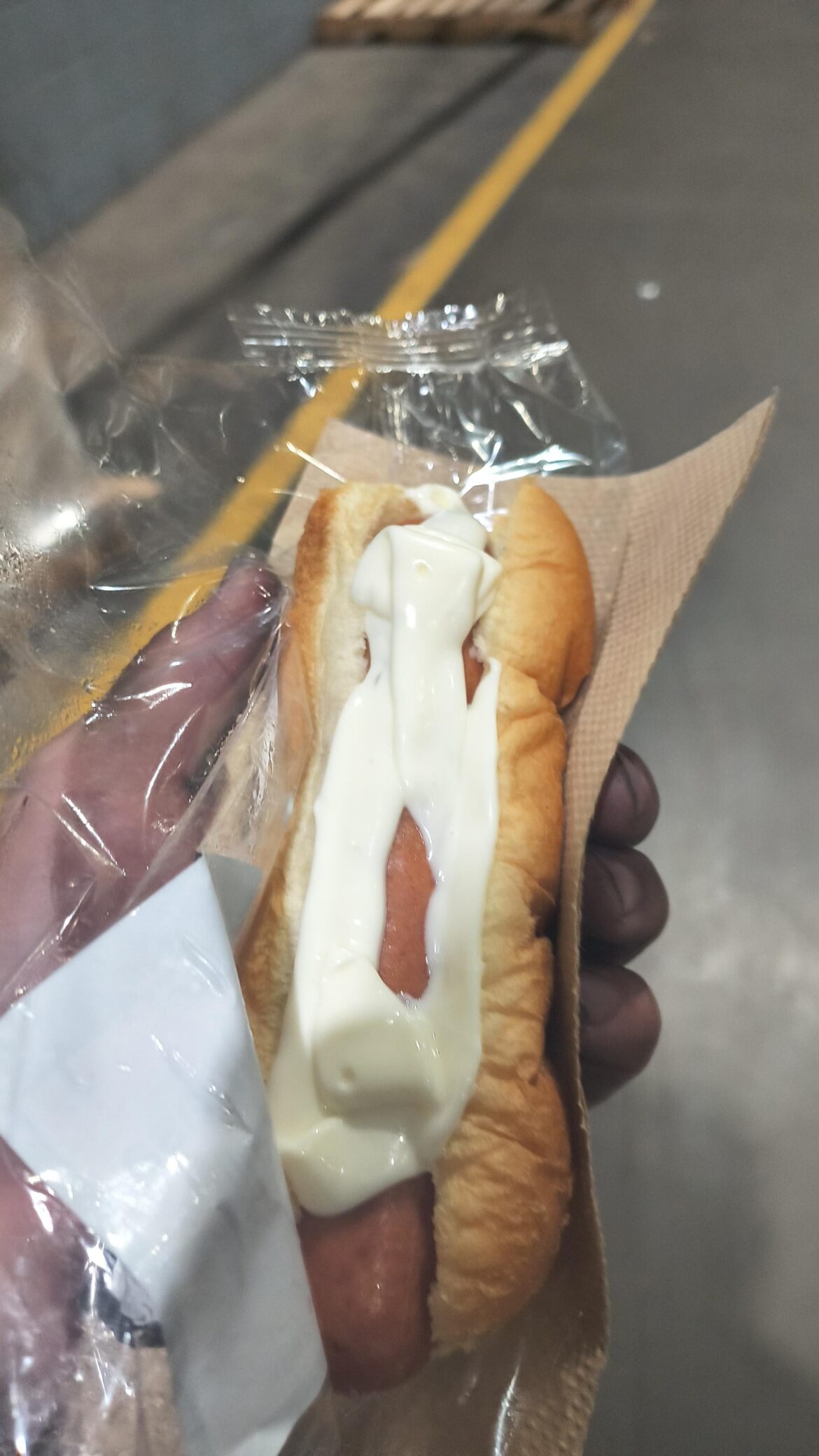 Kielbasa from the vending machine with mayo because someone stole my fucking mustard