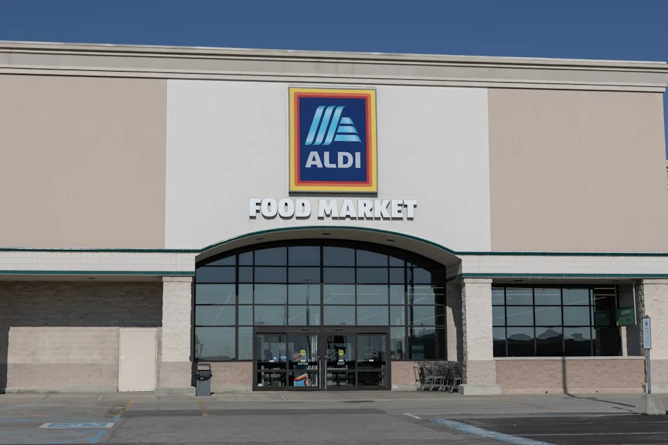 Carmel - August 8, 2025: Aldi Discount Supermarket. Aldi sells a range of grocery items, including produce, meat and dairy at discount prices.