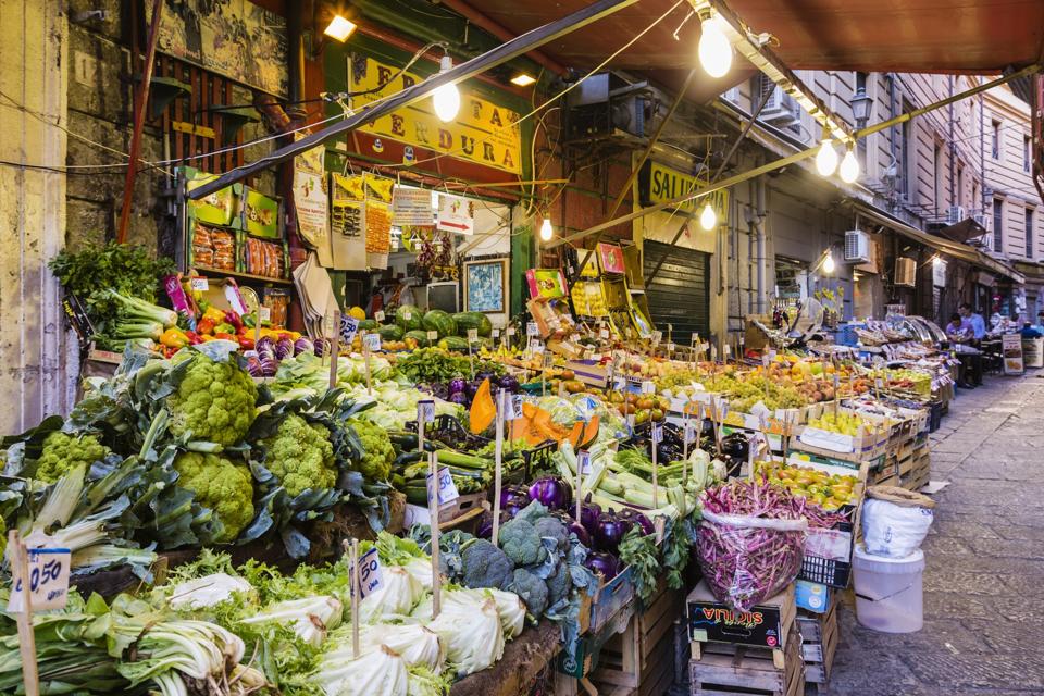 Market stalls at dawn, Palermo, Sicily, Italy