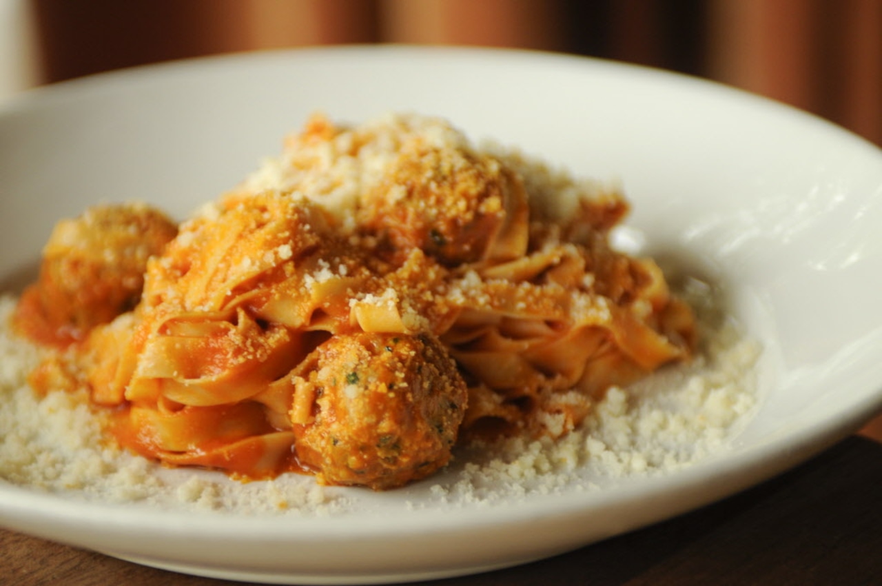 Housemade fettucine with pork meatballs, and Marcella's No. 3 tomato butter sauce at Nostrana.