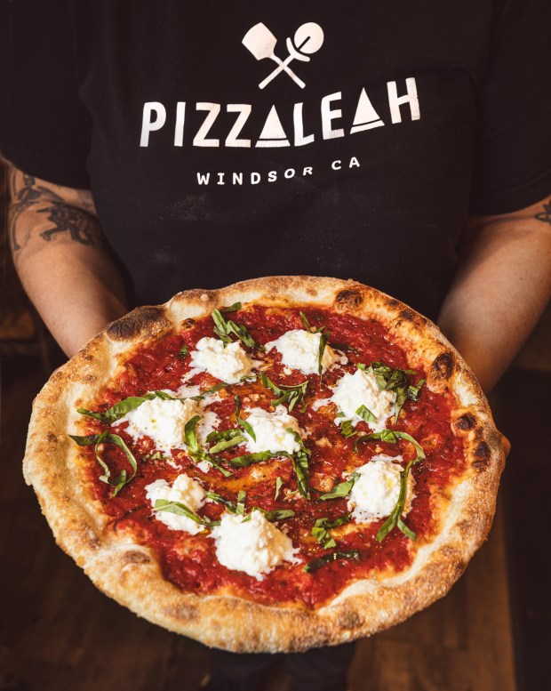 The Chingona Pizza with olive oil, garlic, mozzarella, ricotta and fresh basil from Pizzaleah Wednesday, April 16, 2025 in Windsor. (John Burgess / The Press Democrat)