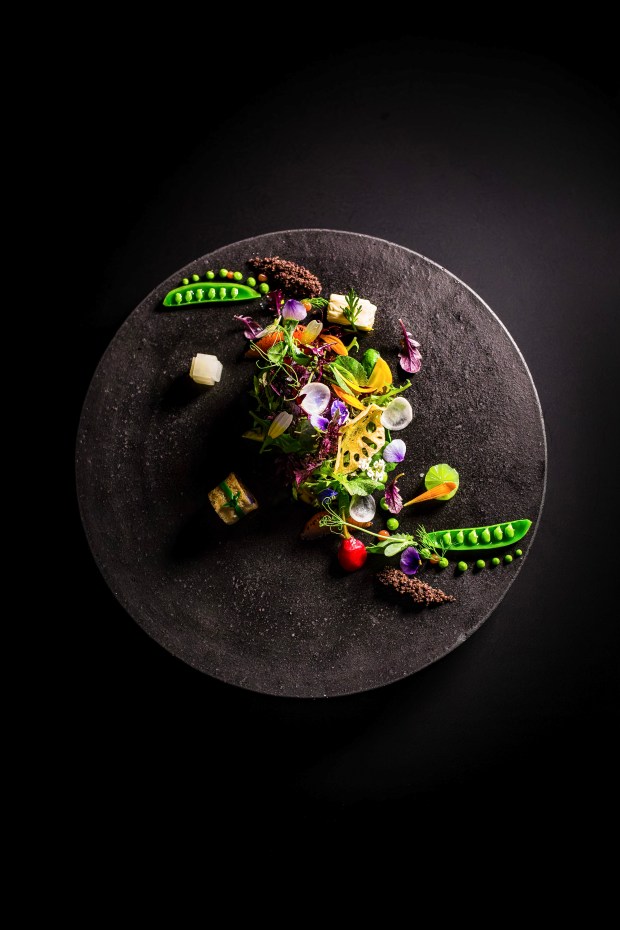 Spring takiawase, vegetables simmered in a dashi broth, at SingleThread restaurant in Healdsburg. (John Troxell / SingleThread)